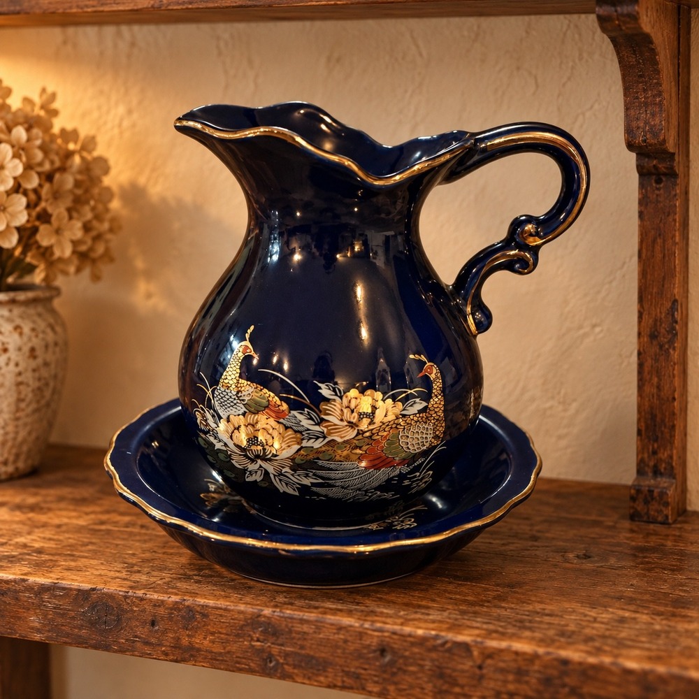 Vintage Cobalt Blue Peacock Ceramic Pitcher and Wash Basin Set Gold Trim 6.5"